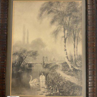 Frederick William HAYES, monochrome watercolour painting of a pair of swans on a river. 42cm x 32.5cm. NO RESERVE