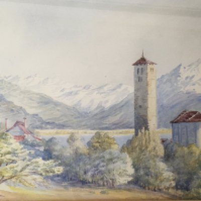 WITHDRAWN - A small Continental watercolour a view over lake Aorta Italy with mountains over a lake. 42x33cm. NO RESERVE