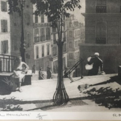 A limed EditionModern British engraving The Housewives 15/25 street scene by Rachel Ann Le Bas RE. (1923-2020) signed reverse with label frame 45x40cm approximately good condition. NO RESERVE