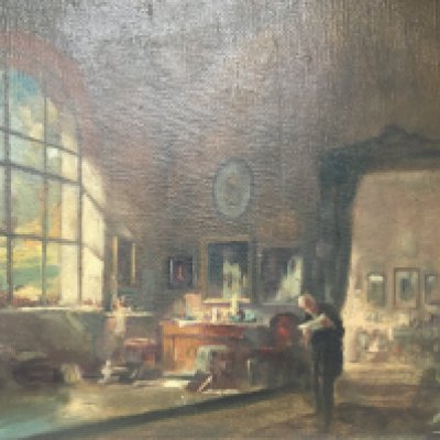 A framed oil painting Early 20th century study of a grand interior with a figure reading correspondence. Signed lower right by Antel Peczely. Hungry 1891-1960. 65x57cm
