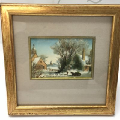 A framed original Victorian Christmas Greetings card , colour printed circa 1875. Frame dimensions 14.5x14.5cm Postage category A if posted without frame or could be posted at buyers risk of the glass becoming damaged. NO RESERVE