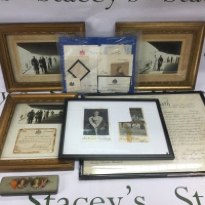 A collection of royal memorabilia comprising three framed and glazed photographs of King George V and Queen Mary, a signed George VI document, signed postcards of Prince Albert and Princess Helena Victoria etc. Shipping category D.