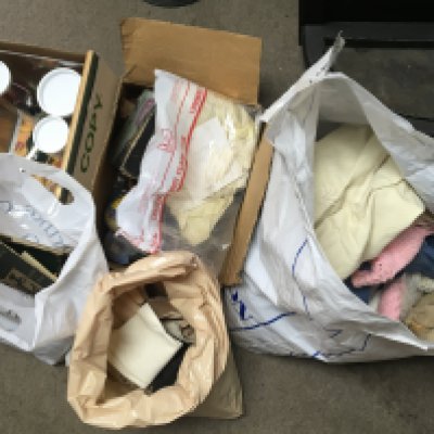 A collection of assorted vintage items including Kaiser Carol singer figures, miniature singer sewing machine, vintage childrens clothes, gloves etc. Postage category C. NO RESERVE