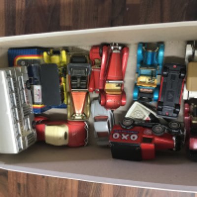 A box containing various match box and dinky play worn cars including liptons tea van. NO RESERVE
