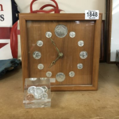 Square wooden clock with various 1881 and 1964 USA coins as markers around the clock face along with a resin cube filled with various USA coins from 1776 to 1976. NO RESERVE