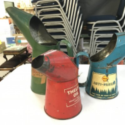 Three vintage oil jugs, castrol, shell, Thelson. No reserve