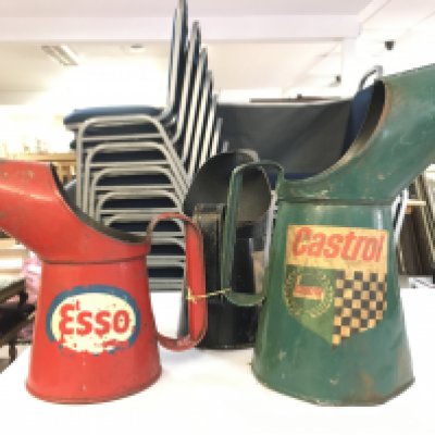 Three vintage oil cans, castrol, Esso, Mobil oil . No reserve. Postage category C