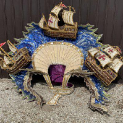 An elaborate Mardi Gras costume the theme of the three Christopher Columbus galleons Santa Maria, Nina and The Pinta, worn and made for the New Orleans Mardi Gras Circa 2010, Purchased at Vicky Vines Auction, Houston Texas. Wire framed and sequin covered. (A)