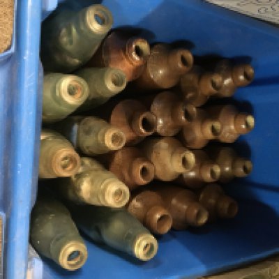 A box containing stonware a glass bottles , NO RESERVE