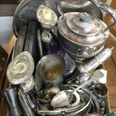 A box of silver plate including candlesticks, dish, coin purse etc. postage category C