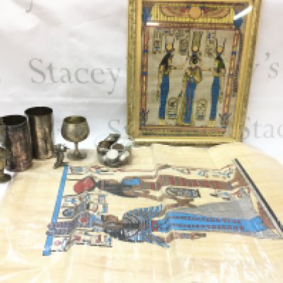 A collection of world coins, silver plated items and Egyptian papyrus. No reserve Postage category C