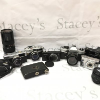 A collection of vintage and modern cameras including A Canon G9, Canon SX 260 HS, Olympus trip 35, Praktica MLT 5, Minolta Hi-Matic F , Tamron 210mm lens, Photax 135mm lens and other accessories etc. Postage cat c