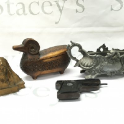 Vintage items including a German Fritum starting pistol, Art Nouveau pewter dish, wooden goat box, small Virgin Mary bust, dog nutcracker . Postage category B