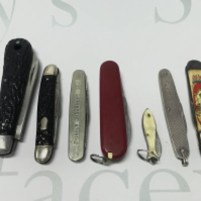 Six pocket knives one with a silver case, Witness, Richards, Victorinox Swiss etc.