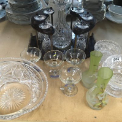 A Quality cut glass and mahogany framed decanter set with six glasses and central decanter cut glass bowls a pair of late Victorian enamel decorated vases and a collection of Babycham glasses. NO RESERVE