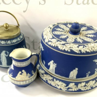 An Adam&rsquo;s of Tunstall Jasper ware Stilton dish together with 2 early Jasper ware Wedgewood pieces.m