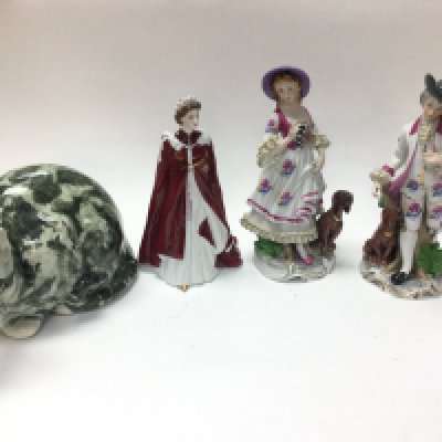 Three ceramic figures including royal Worcester and a ceramic cat. Postage D