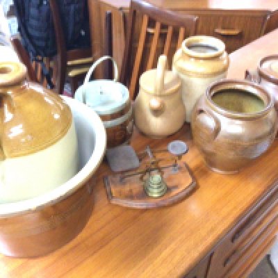 A collection of stoneware jars including a large oak lid topped jar and a set of postal scales etc. This lot cannot be posted