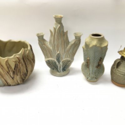 A Bernard Rooke candelabra 28cm tall and 20cm wide a jardiniere , oil lamp and shade. Note damage to jardiniere. Postage D