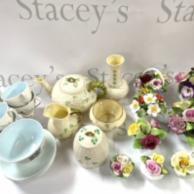 A large collection of ceramics to include porcelain posies, Belleek porcelain and a small Giselle, Queen Anne coffee set. (D)