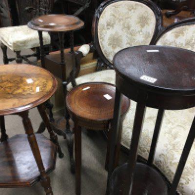 A Collection of furniture including walnut occasional table a wash stand and two jardiniere