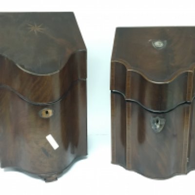 Two George III mahogany cutlery boxes no interiors. (2)
