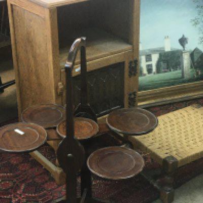 A Quality light oak cabinet of small size with a panelled door A Mahogany Monoplane cake stand and an oak stool with turned supports. (3)