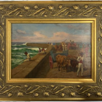 William HOUNSOM-BYLES, 1872-1940, oil on board inscription on verso reads The Mole Puerto Orotava, Tenerife, with gilt frame. 43.5cm x 35cm. (D)