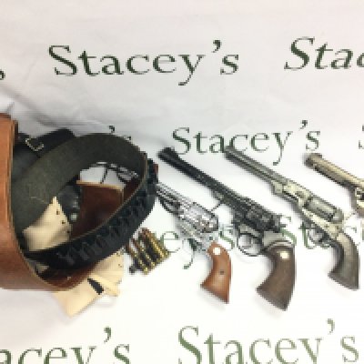 A collection of replica revolvers including a Kokusai Sangyo SMG colt single action army. 45 model of 10.77 & model of 9.78, Sussex Armoury made in Italy revolver and an unmarked revolver. Also including leather gun belts. This lot cannot be posted,