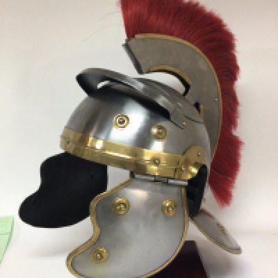 A good replica of a Roman Centurion helmet with red plume.