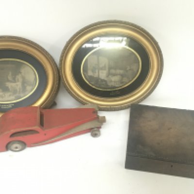 A scratch built painted wood vintage car two oval framed Moreland Prints and a George III mahogany storage box