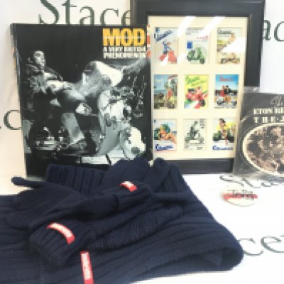 A Collection of mod related ephemera including Mod a very British phenomenon book, The Eton Rifles The jam single 7 inch vinyl, Lambretta gloves hat and scarf, The Jam button etc.