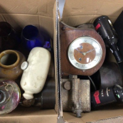 A collection of assorted items including two bottles of port, various ceramics, oil lamp etc