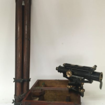 A boxed Theodolite with stand and fitted box maker B J Hall and Co London and two other vintage precision instruments.