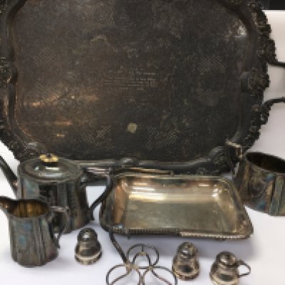 A large silver plated tray and silver plate tea set.
