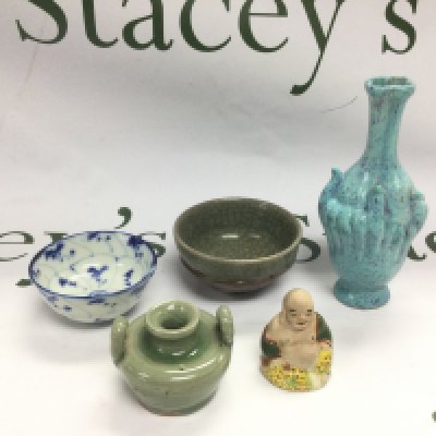 Five small Oriental ceramics comprising tea bowls, vases etc. Shipping category D.