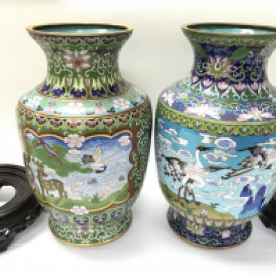 Two Chinese cloisonne enamelled vases both appear in good condition with no obvious damage. 31cm tall and approximately 18cm diameter in middle.