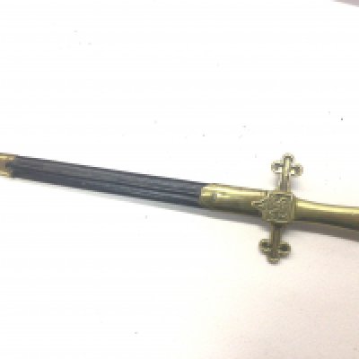 A British George V Drummers short sword with a brass grip and cross bar with Royal Cypher. leather scabbard.