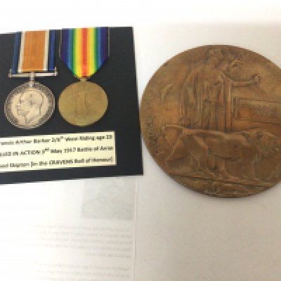 A Group of I world war medals awarded to CPL Francis Arthur Baker 2/6th West Riding 265684 with memorial plaque and intresting retrospective paperwork history.