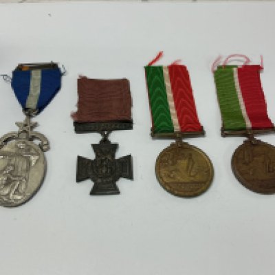 Group of four WW1 medals. W. BRD. A. E. HALE No.92 (1). Cross medal (2). WILLIAM DOUGLAS, for war service mercantile marine 1914-18 (3). NAWAB SAMAJ, for war service mercantile marine 1914-18 (4)