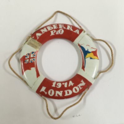 A collection of P&O line items consisting of very early ships ashtray from the P&O line, model souvenir life belt from the P&O Vessel the SS Canberra, original P&O China comport pastry dish as used in service, original unused pieces of ship&#2013266057۪s cabin notepaper from the Himalaya, P&O large size dinner plate produced in the early traditional design, P&O line original as used on board embossed white table cloth