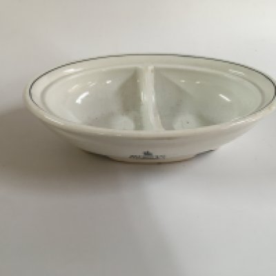 A collection of orient line items consisting of Wedgewood design side plate as used on board the orient line, very rare to find early souvenir ashtray from the orient line vessel the SS Orvieto, very early piece of steamship China from the orient line, small souvenir tankard from the orient line vessel the RMS Orcades, Seashell design large dinner bowl from the orient line and original glass cabin dish from the orient line shipping company circa 1950s