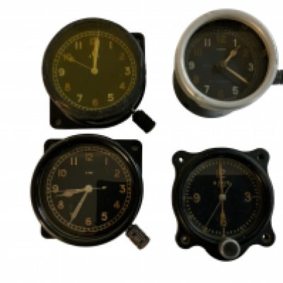 4 Vintage WW2 military aircraft clocks (Air Ministry markings), 1941 SMith MK2 Delta (Serial No.45361/41), 8 Day Elgin, 8 Day MKII 1480/43, 1942 MK2 Charlie No. 6A/104.
