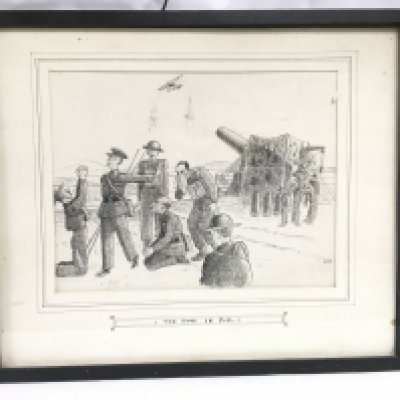 A framed and glazed WW1 pen and ink sketch, approx 40cm x 33.5cm. Shipping category D.
