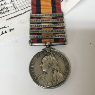 A Victorian South African war Medal with five campaign bars awarded to 8525 Pte J Keat 2nd RL Fus. With retrospective paperwork.