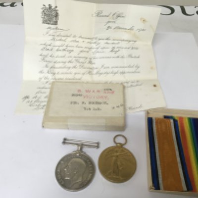 Two Posthumously awarded I world war British medals to Pte F Northrop 56248 V &L R with box and official paperwork from the Records office 9/112/21.