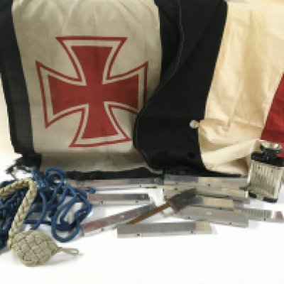 A collection of German Third Reich including some unusual metal alphabetically labelled measuring blocks with SS stamps on reverse side possibly xylophone keys, iron cross flag , flash light, Maltese cross marked pen knife. Postage category B