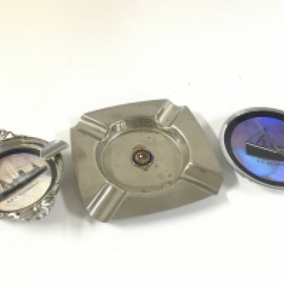 Three extremely rare maritime artefacts - a Very rare find souvenir dish from the white star line vessel The Britannic, very rare silver plated ashtray from the white star line RMS Doric circa 1930s, embossed chrome ashtray from the liner RMS Caledonia
