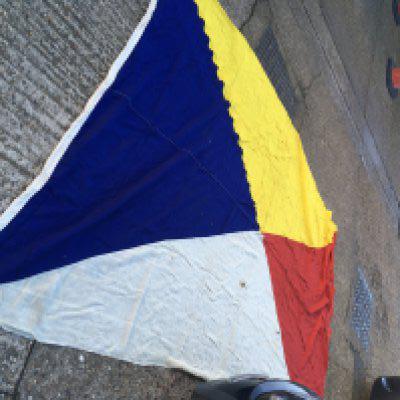 P&O flag believed to be from the Fawklands war and onboard the SS Canberra, From the old P&O vessel the SS Canberra and was used during the Falklands War in 1982 and is a full size P&O Houseflag and is ex stock from the store of the Canberra. It was reputedly used on the return from Falklands War and flown on the Canberra. The size of the flag is 11ft x 7ft (335cm x 213cm) and it has some slight damage with regard to a few holes but otherwise ok.