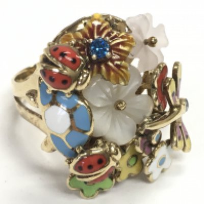 A 14ct gold, enamel and stone set flower and insect ring. 14.3g. Postage category A